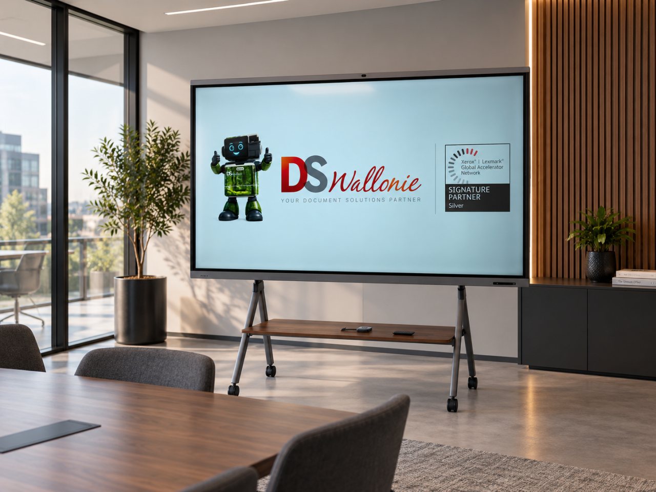 Illustration d’un écran interactif sur pied dans une salle de réunion, aux couleurs de DS Wallonie avec Click