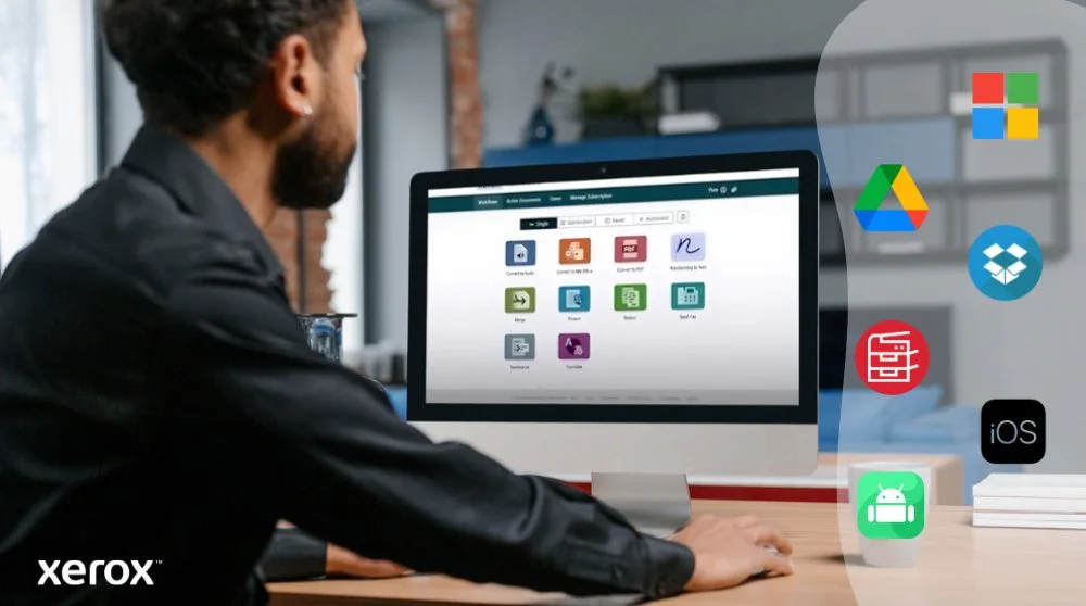 Une personne est assise à un bureau et regarde un écran d'ordinateur affichant l'interface Xerox Workflow Central. À droite, les icônes de Microsoft, Google Drive, Dropbox, un classeur, iOS et Android illustrent la compatibilité étendue.