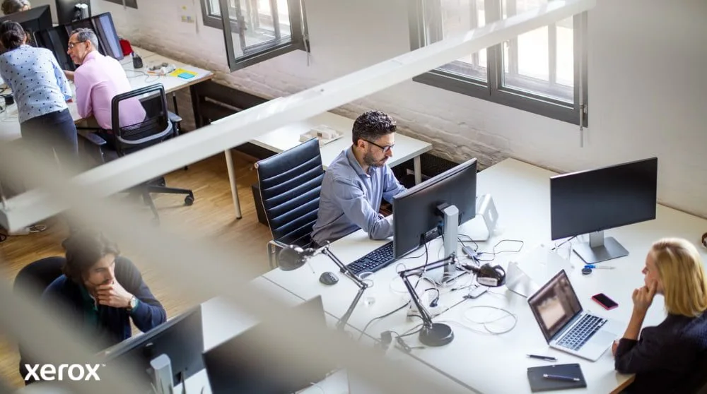 Vue aérienne d'un espace de bureau ouvert où plusieurs personnes travaillent à leur bureau, devant un ordinateur. La scène évoque un environnement de travail productif et collaboratif.